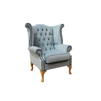 Chesterfield High Back Wing Chair Duck Egg Blue Real Fabric In Queen Anne Style