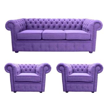 Chesterfield Handmade 3 Seater + 2 x Club chairs Verity Purple Fabric Sofa Suite 