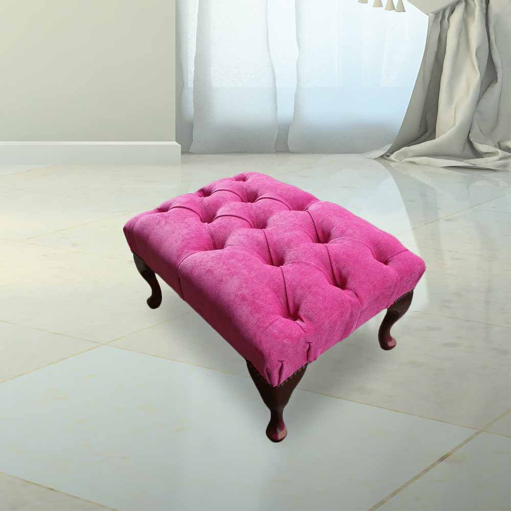 Product photograph of Fabric Queen Anne Buttoned Seat Footstool In Fuchsia Pink from Chesterfield Sofas