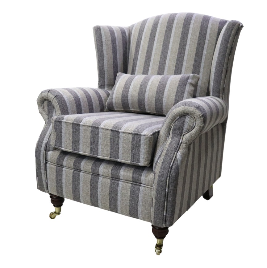 Product photograph of Fireside Wing Chair Gleneagles Stripe Silver Fabric High Back Armchair from Chesterfield Sofas.