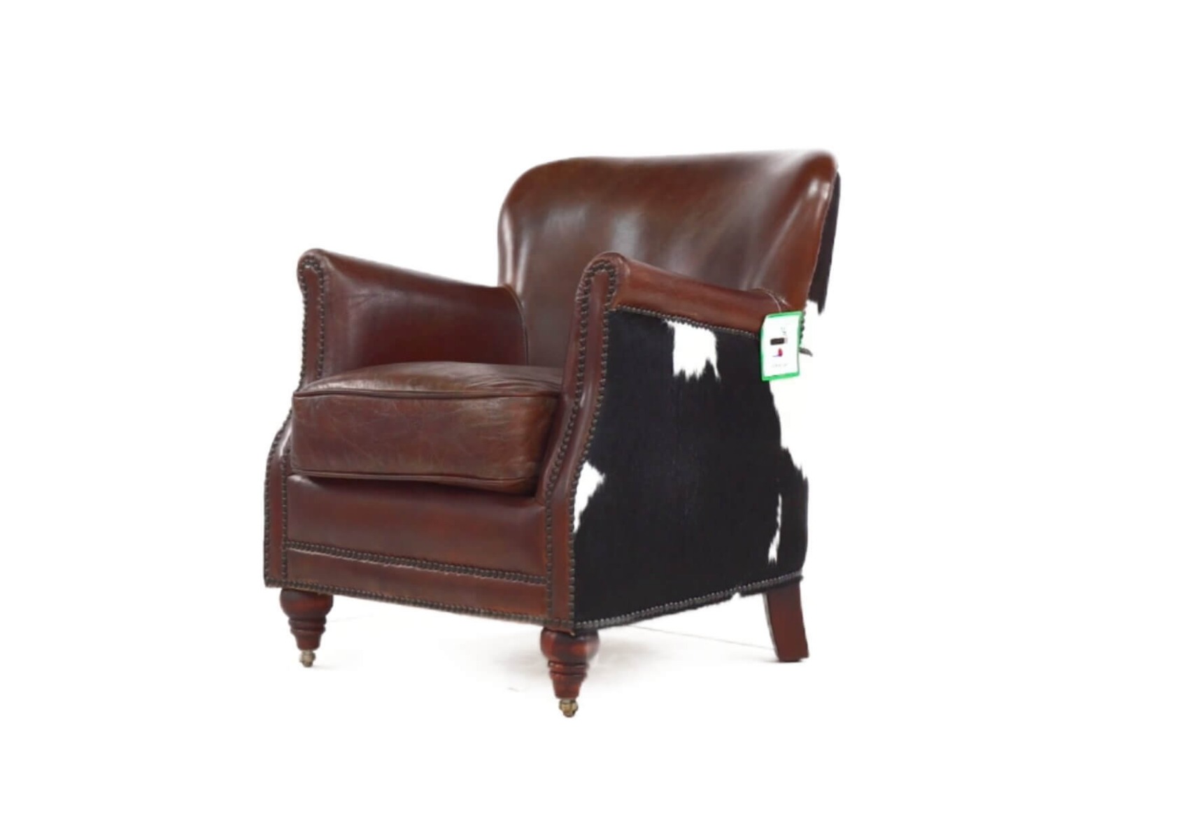 Product photograph of Vintage Hair On Hide Black Cow Armchair Distressed Brown Real Leather from Chesterfield Sofas.