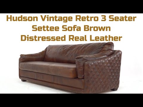 Product photograph of Hudson Genuine Vintage Retro 3 Seater Settee Sofa Brown Distressed Leather In Stock from Chesterfield Sofas.