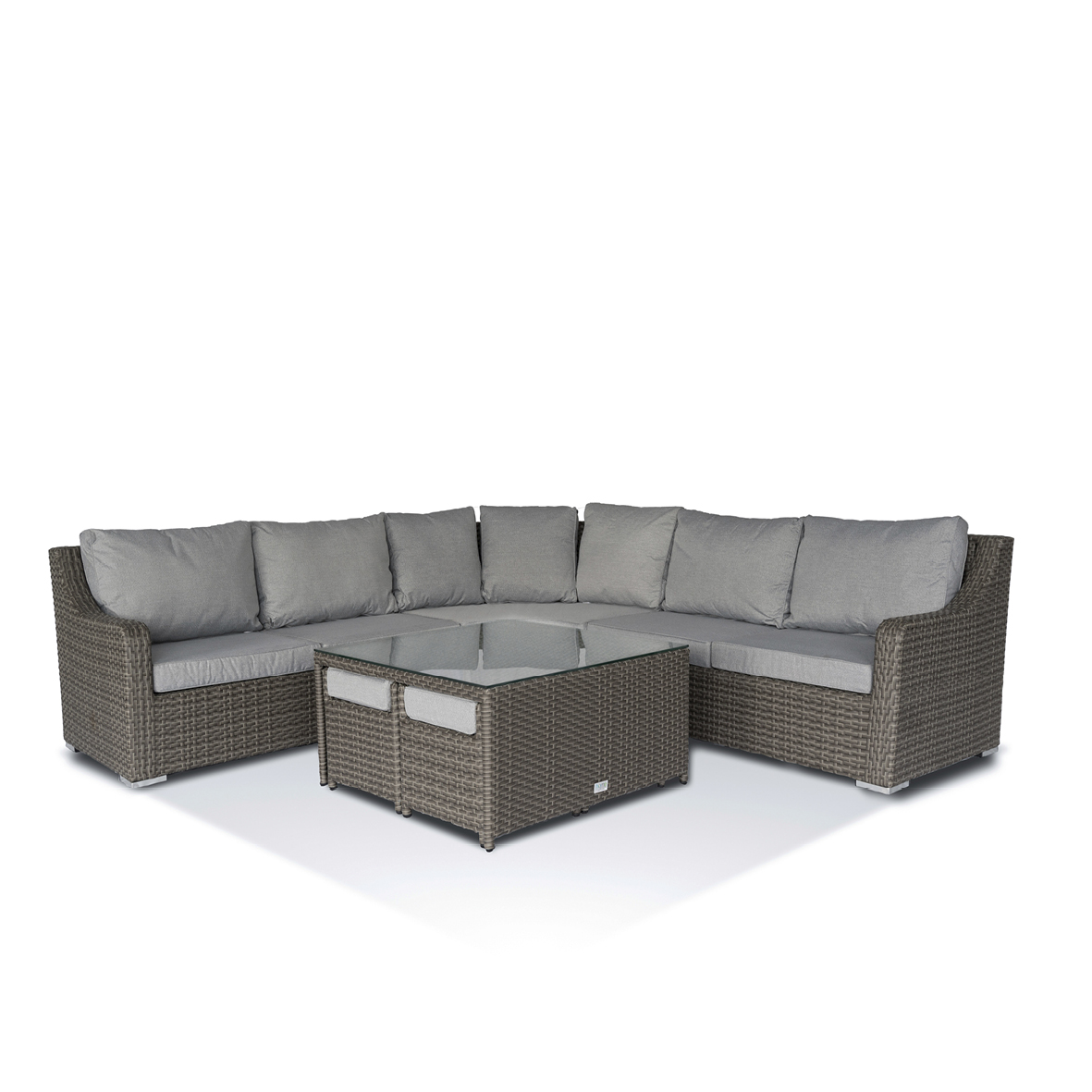 Product photograph of Kian Large Corner Grey Rattan Garden Sofa Set With Square Coffee Table 4 Stools In Grey from Chesterfield Sofas.