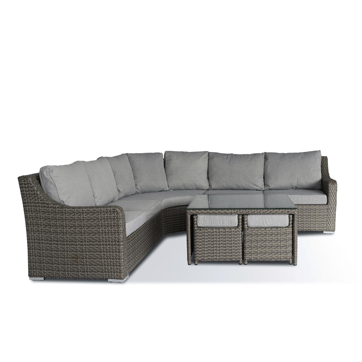 Product photograph of Kian Large Corner Grey Rattan Garden Sofa Set With Square Coffee Table 4 Stools In Grey from Chesterfield Sofas.