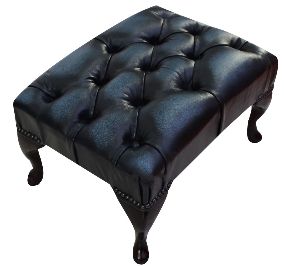 Product photograph of Leather Queen Anne Footstool Buttoned Seat In Antique Blue Colour from Chesterfield Sofas.