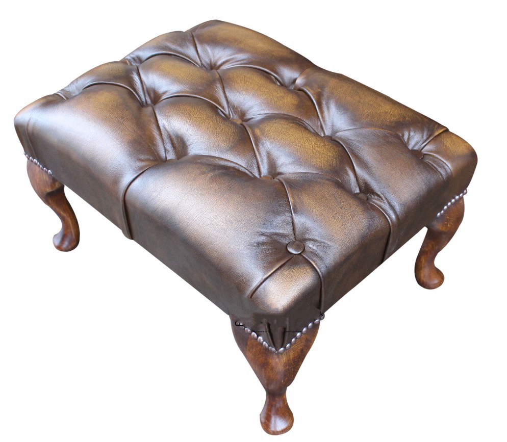 Product photograph of Leather Queen Anne Footstool Buttoned Seat In Antique Gold Colour from Chesterfield Sofas.