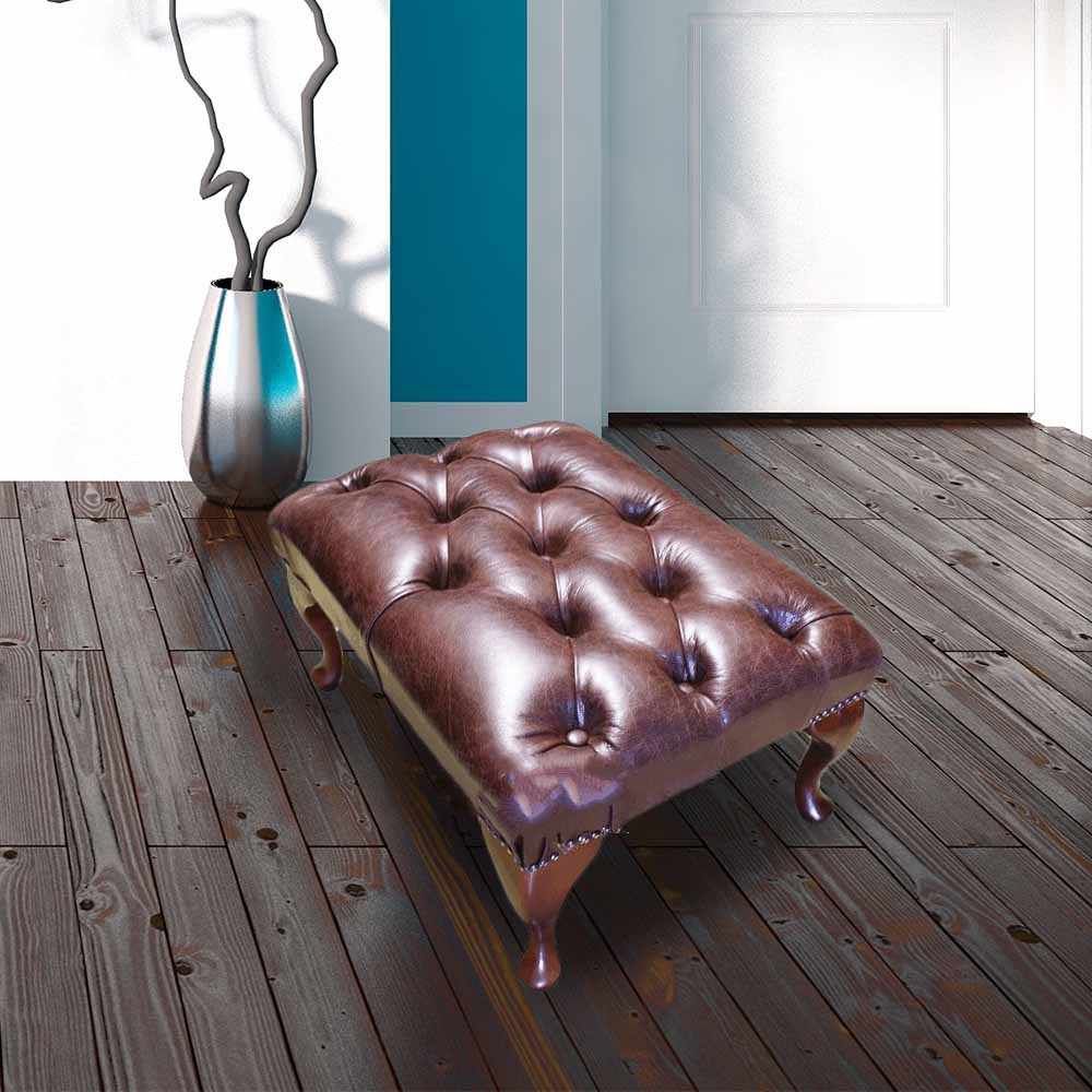 Product photograph of Leather Queen Anne Footstool Buttoned Seat In Old English Dark Brown Colour from Chesterfield Sofas