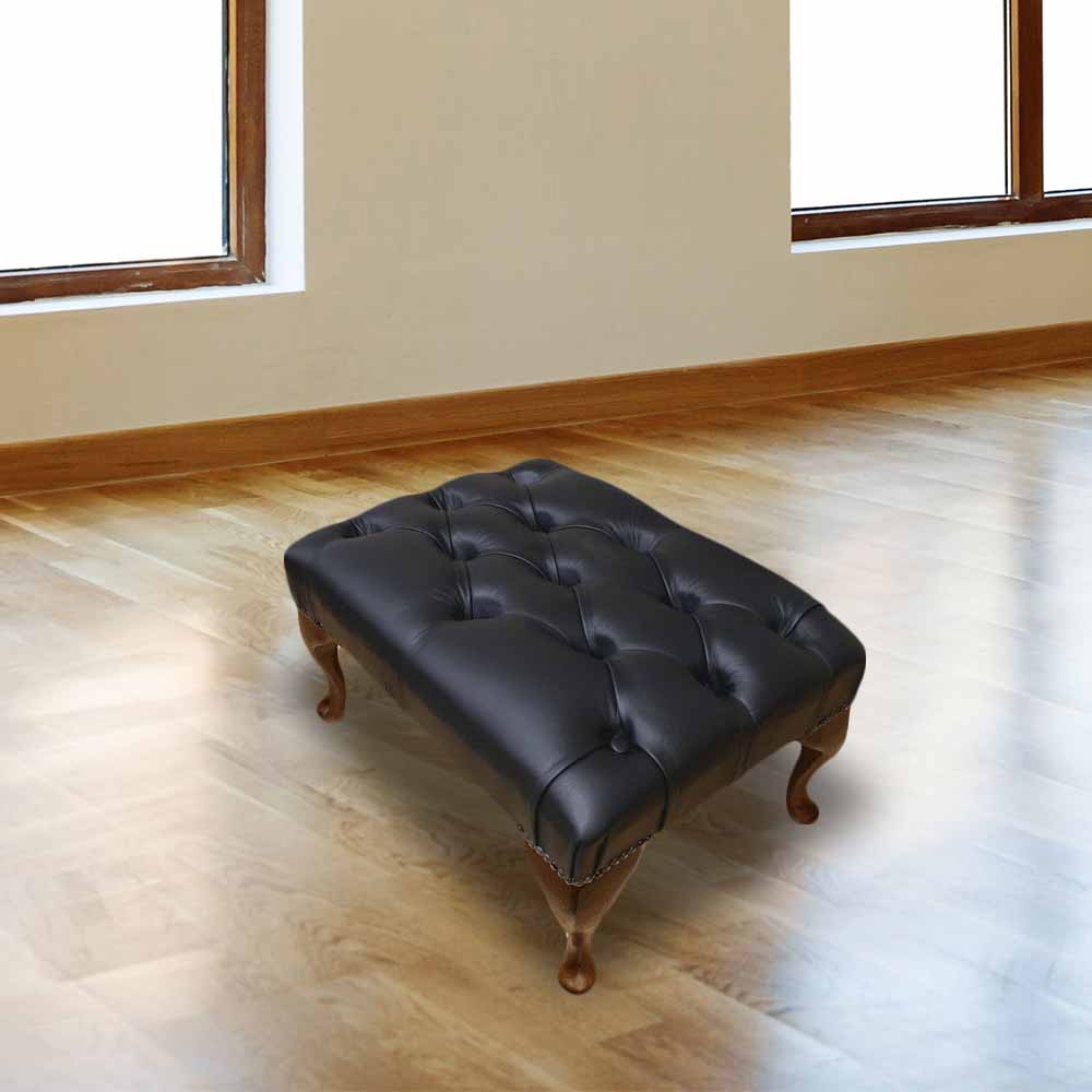Product photograph of Leather Queen Anne Footstool Buttoned Seat In Premium Black Colour from Chesterfield Sofas
