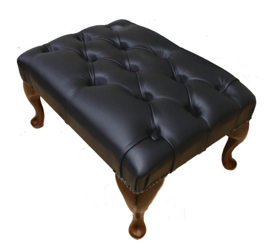 Product photograph of Leather Queen Anne Footstool Buttoned Seat In Premium Black Colour from Chesterfield Sofas.