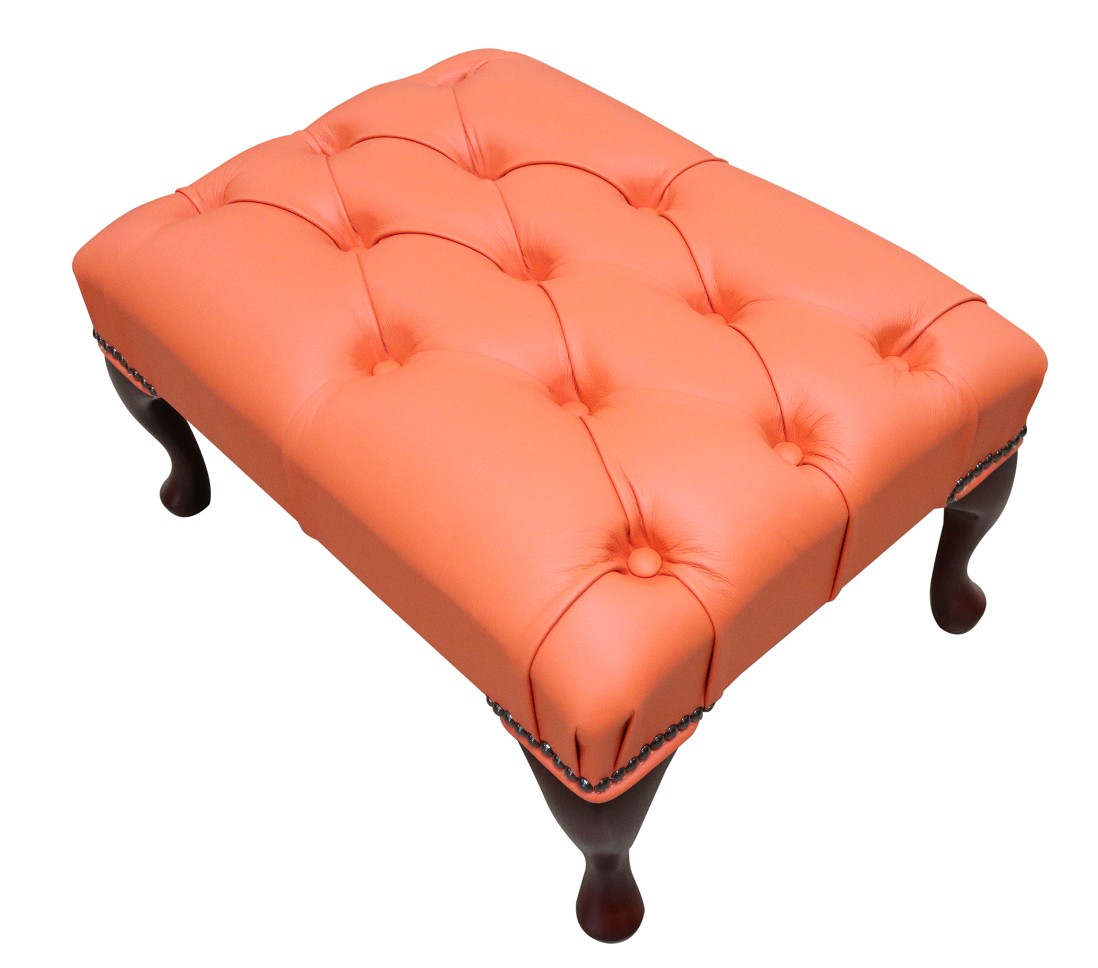 Product photograph of Leather Queen Anne Footstool Buttoned Seat In Shelly Flamenco Orange from Chesterfield Sofas.