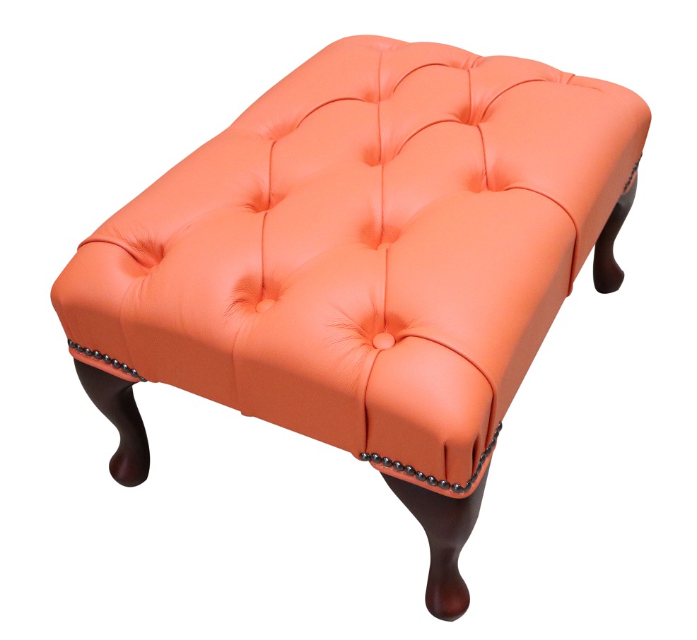 Product photograph of Leather Queen Anne Footstool Buttoned Seat In Shelly Flamenco Orange from Chesterfield Sofas