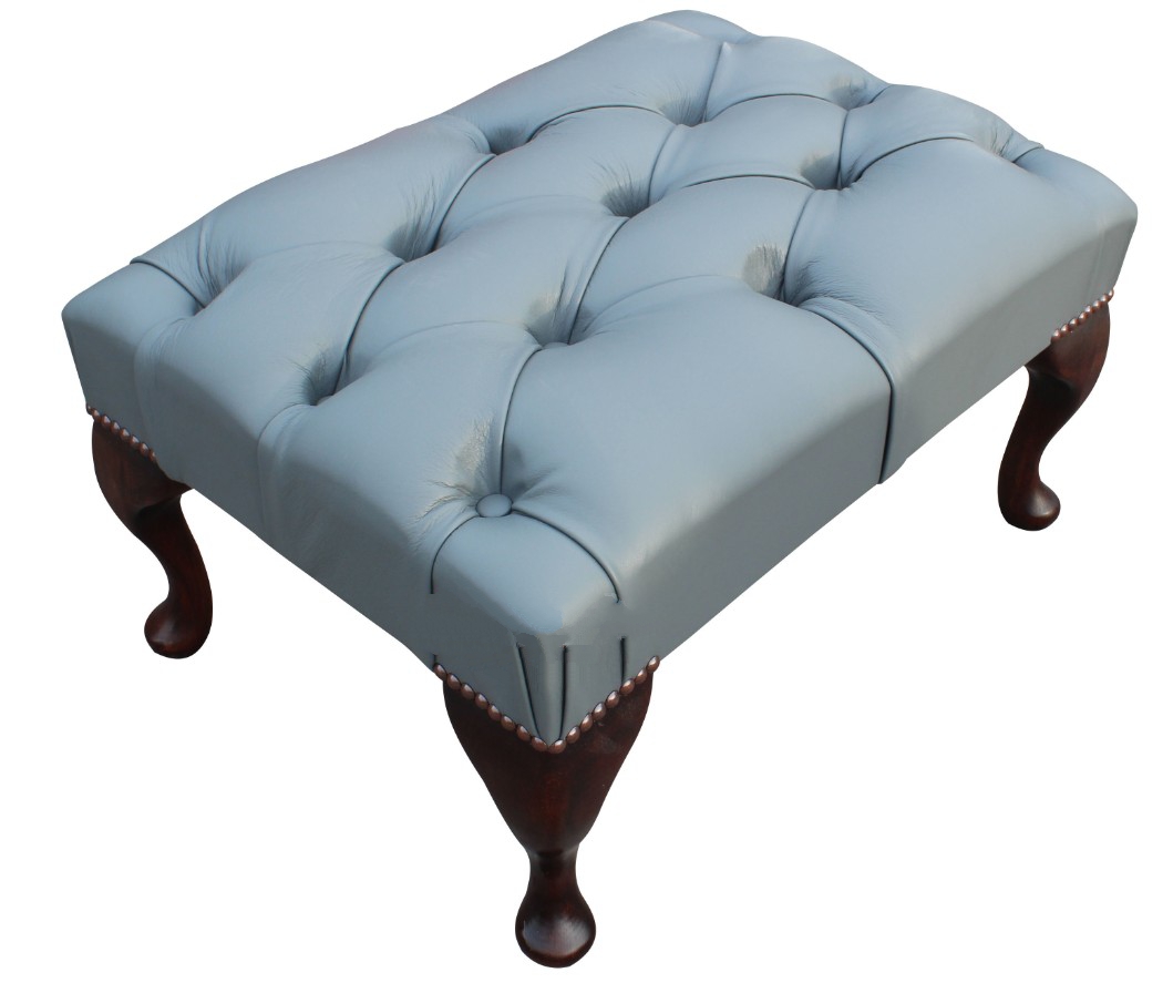 Product photograph of Leather Queen Anne Footstool Buttoned Seat In Vele Iron Grey Colour from Chesterfield Sofas.