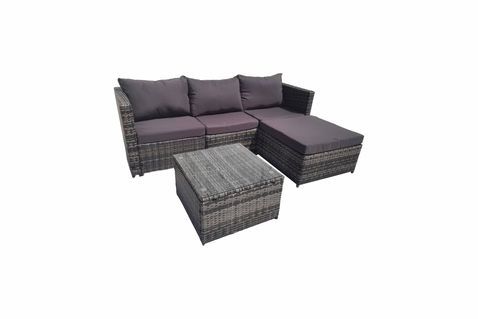 Product photograph of Lovisa 3 Seater Grey Rattan Garden Sofa Set With Large Stool And Coffee Table from Chesterfield Sofas