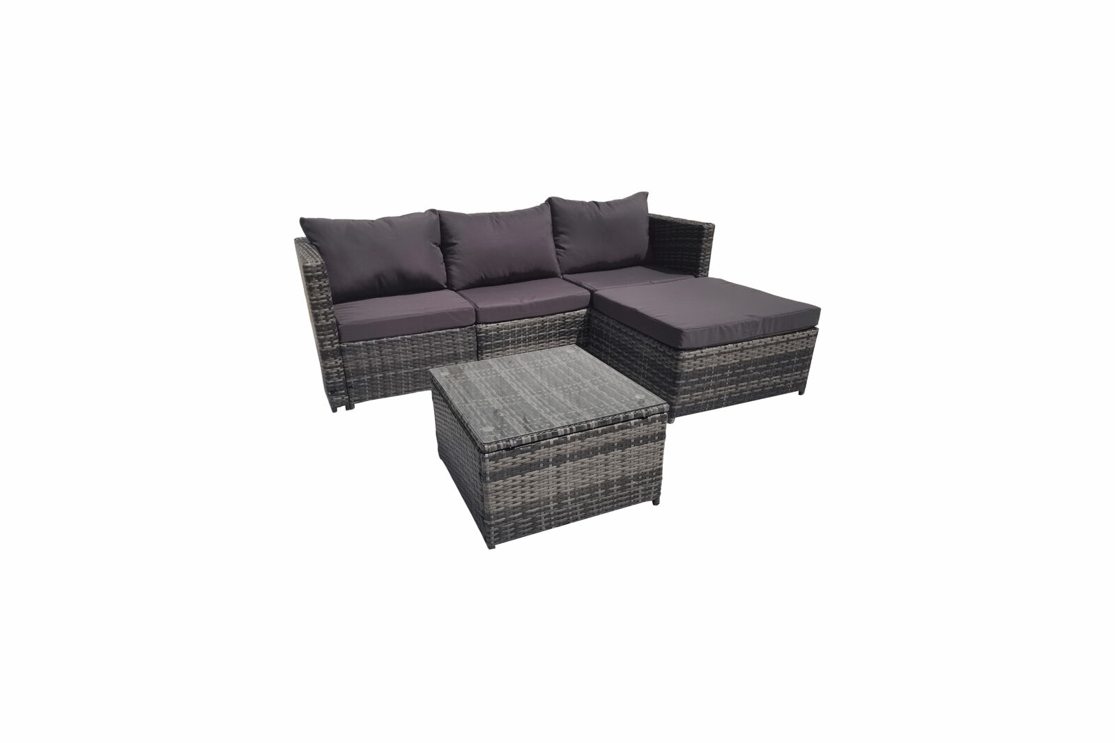 Product photograph of Lovisa 3 Seater Grey Rattan Garden Sofa Set With Large Stool And Coffee Table from Chesterfield Sofas.