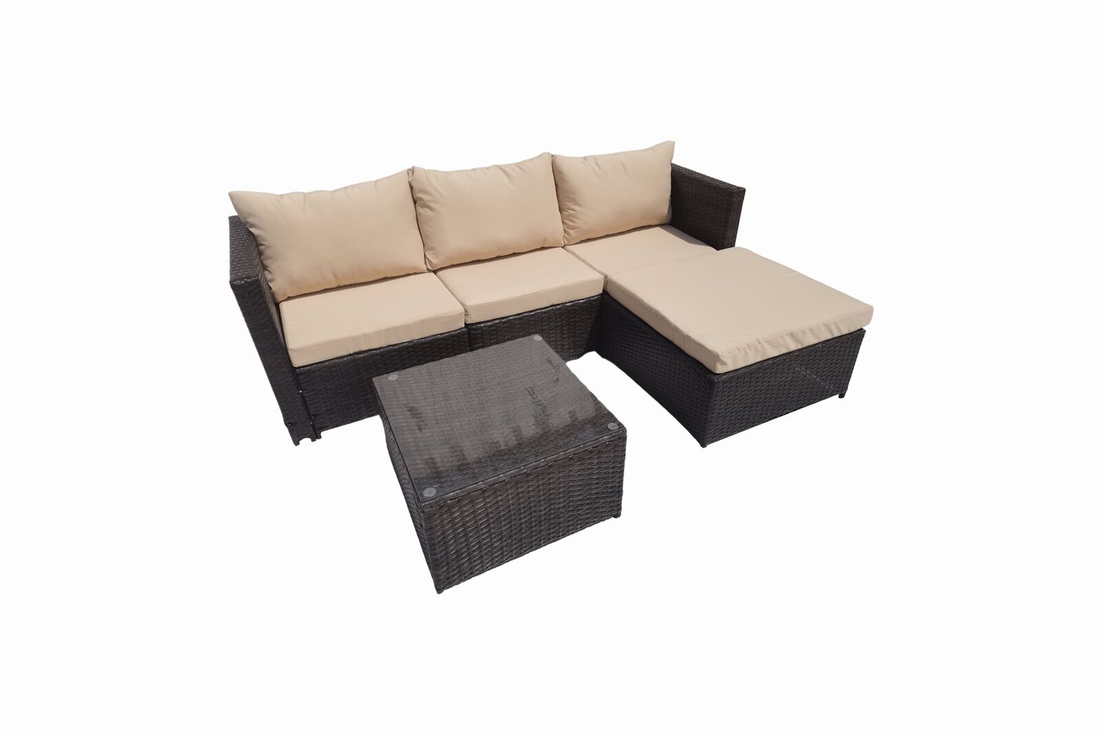 Product photograph of Lovisa 3 Seater Rattan Brown Beige Garden Sofa Set With Large Stool And Coffee Table from Chesterfield Sofas.