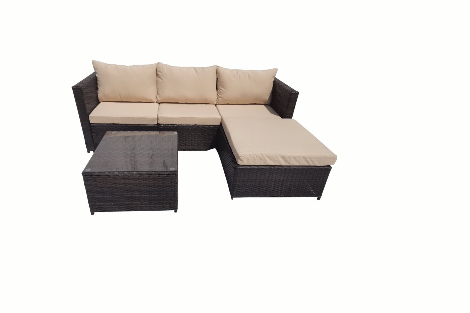 Product photograph of Lovisa 3 Seater Rattan Brown Beige Garden Sofa Set With Large Stool And Coffee Table from Chesterfield Sofas.