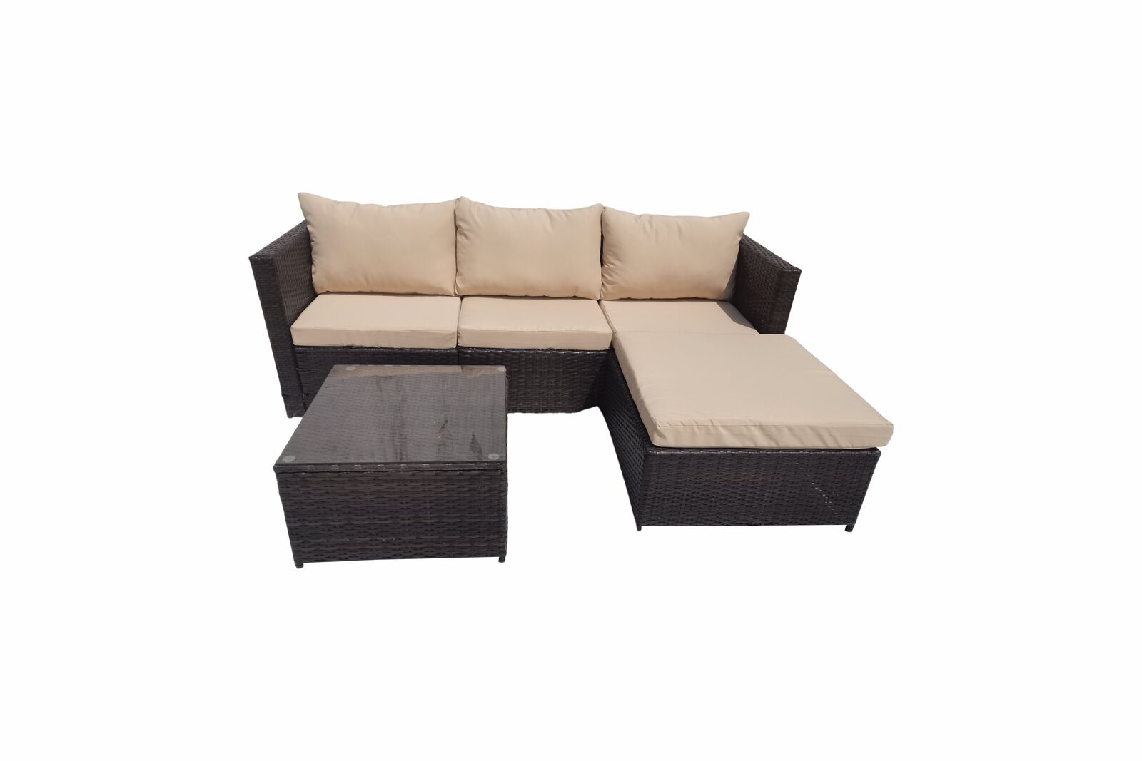 Product photograph of Lovisa 3 Seater Rattan Brown Beige Garden Sofa Set With Large Stool And Coffee Table from Chesterfield Sofas