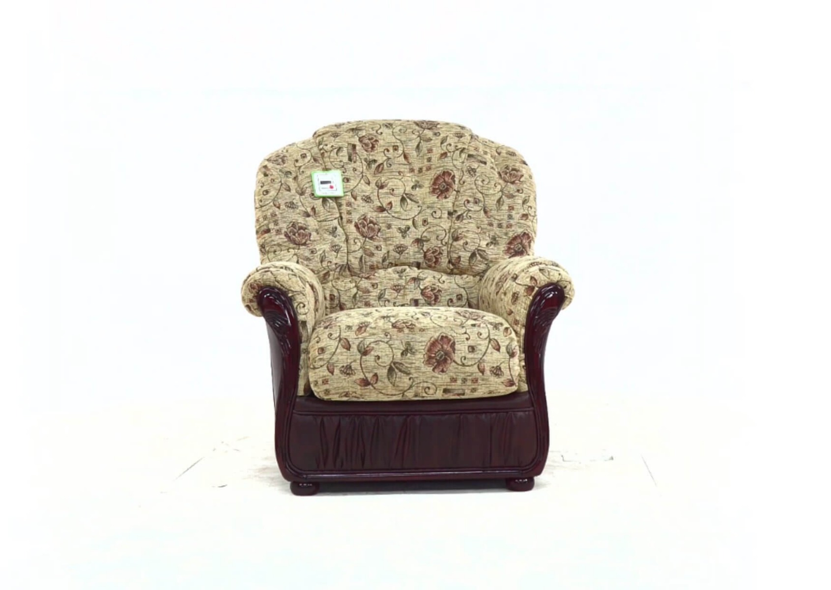 Product photograph of Mantua Genuine Italian Burgandy Leather Virginia Floral Beige Fabric Armchair from Chesterfield Sofas