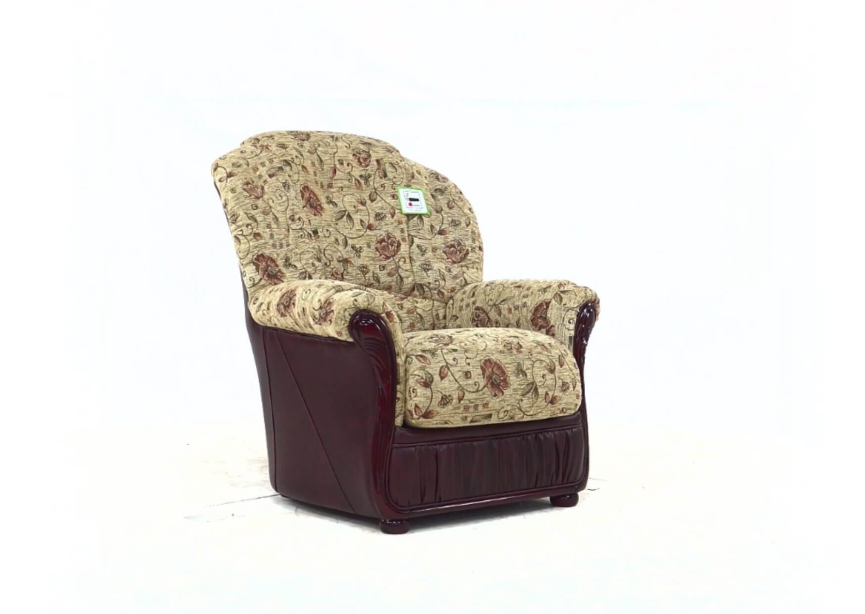 Product photograph of Mantua Genuine Italian Burgandy Leather Virginia Floral Beige Fabric Armchair from Chesterfield Sofas.