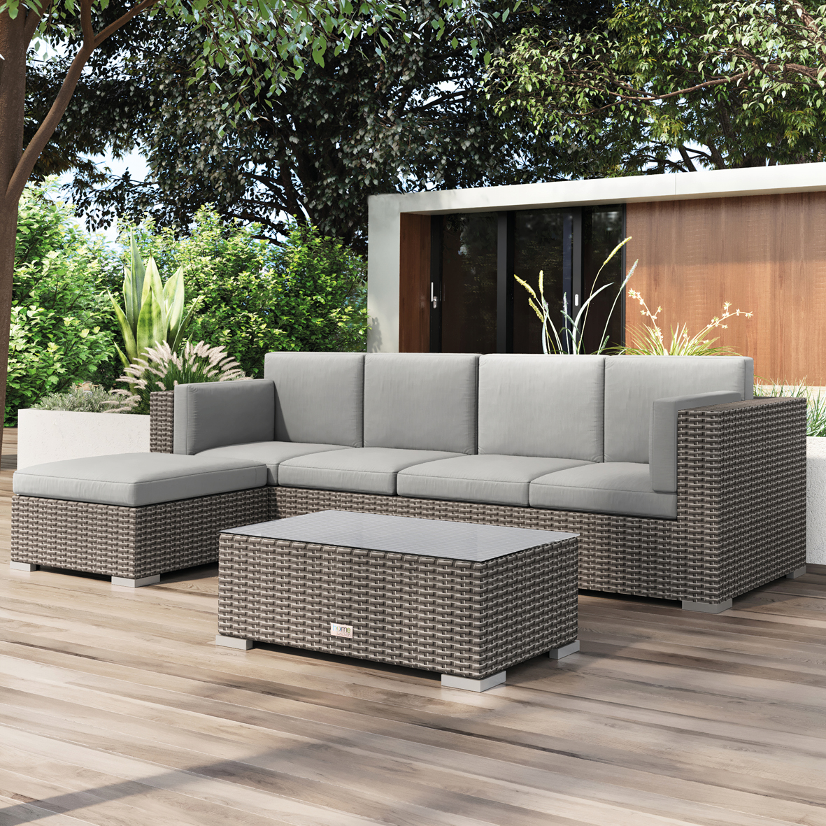 Product photograph of Rasmus 4 Seater Rattan Grey Garden Sofa Set With Large Stool And Coffee Table from Chesterfield Sofas