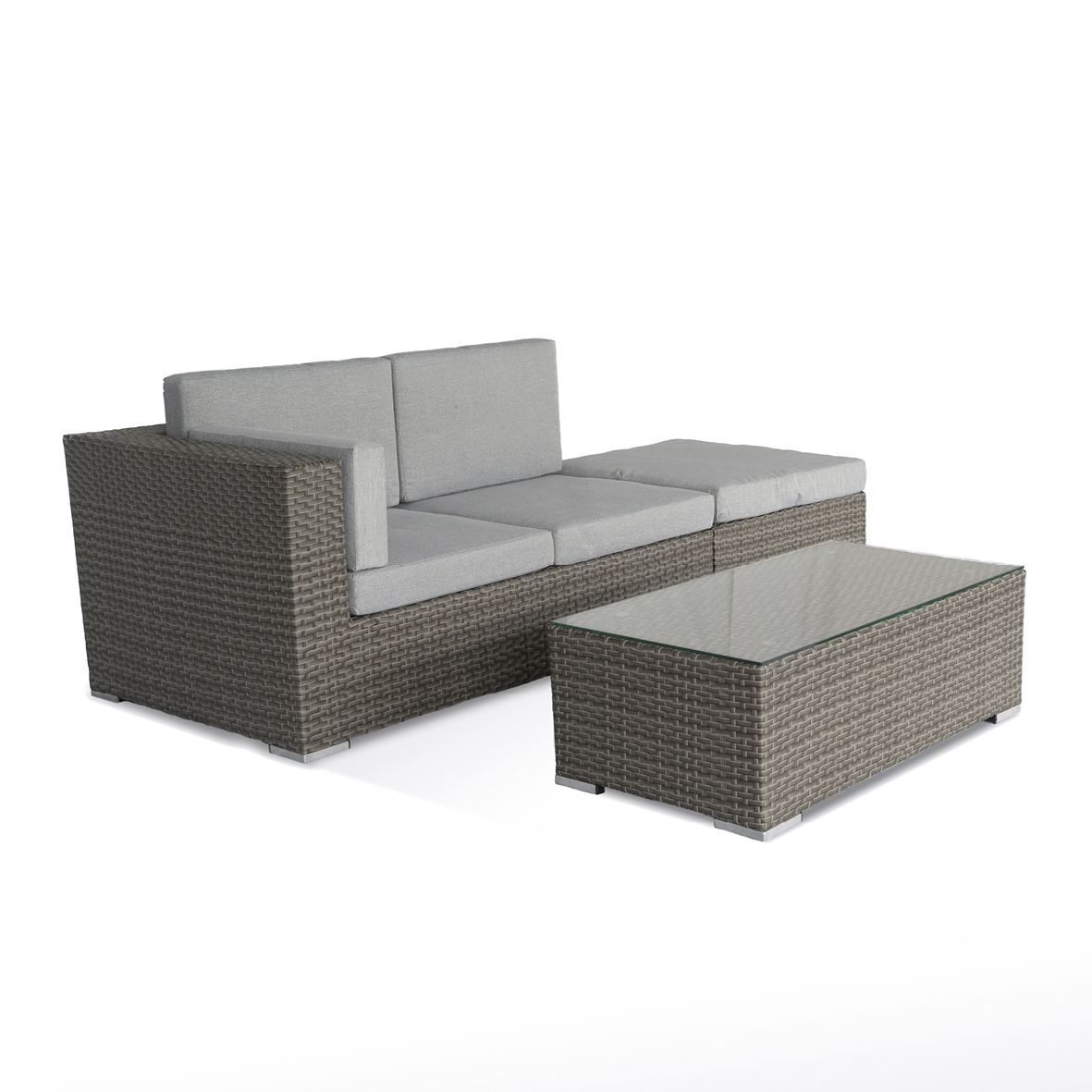 Product photograph of Rasmus 4 Seater Rattan Grey Garden Sofa Set With Large Stool And Coffee Table from Chesterfield Sofas.