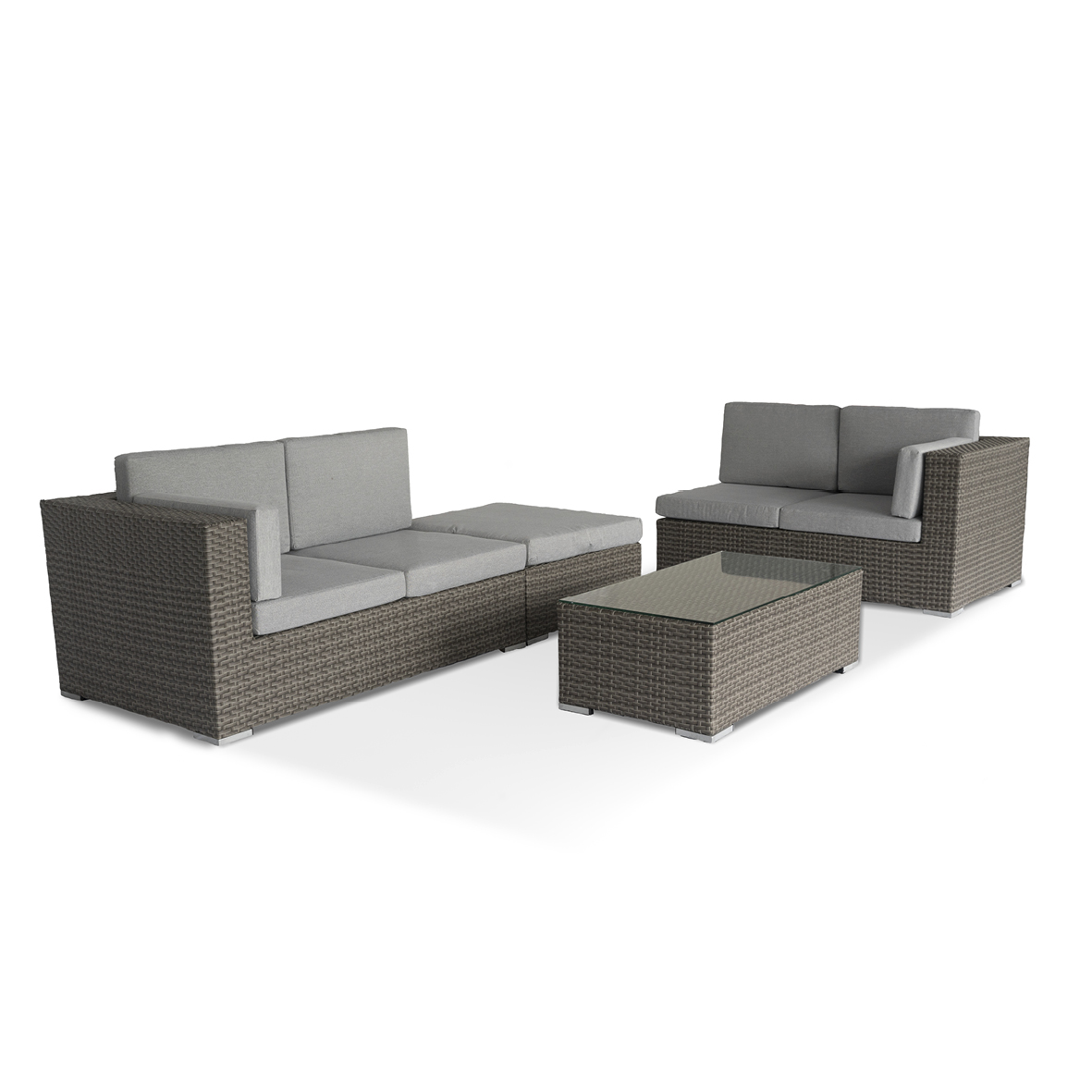 Product photograph of Rasmus 4 Seater Rattan Grey Garden Sofa Set With Large Stool And Coffee Table from Chesterfield Sofas.