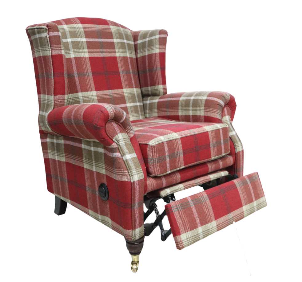 Product photograph of Reclining Original Fireside High Back Armchair Balmoral Red Check Fabric P Amp S In Stock from Chesterfield Sofas.