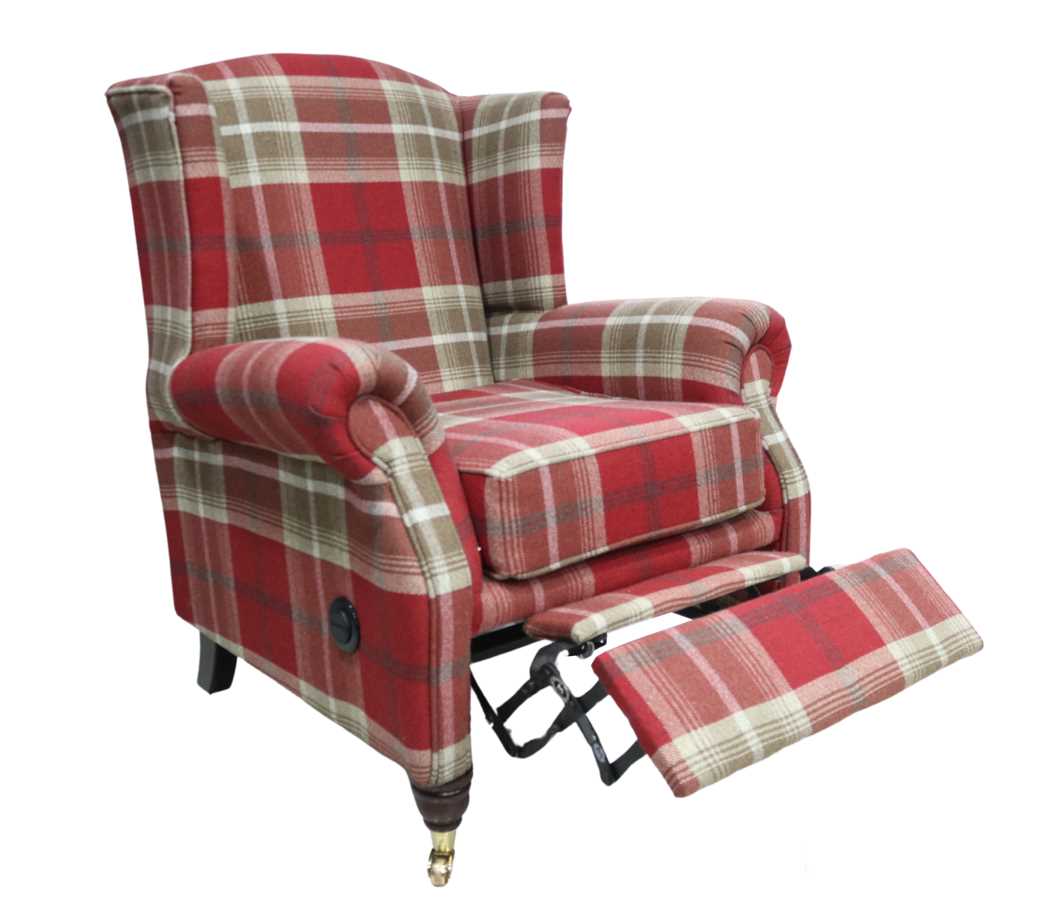 Product photograph of Reclining Original Fireside High Back Armchair Balmoral Red Check Fabric P Amp S In Stock from Chesterfield Sofas
