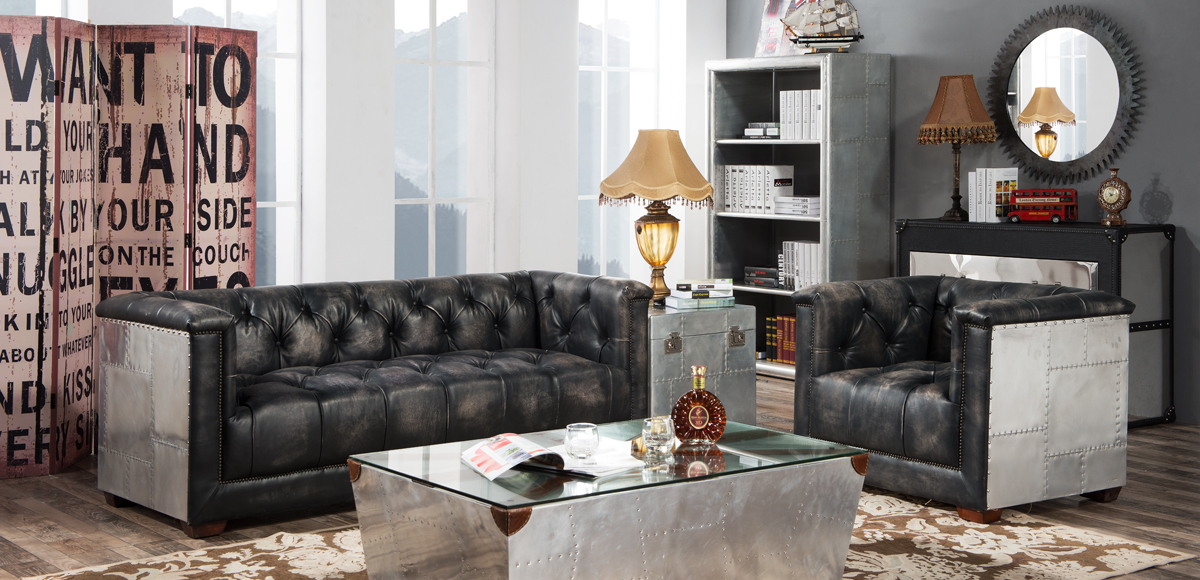 Product photograph of Vintage Spitfire Chesterfield Sofa Suite Distressed Black Real Leather And Aluminium from Chesterfield Sofas