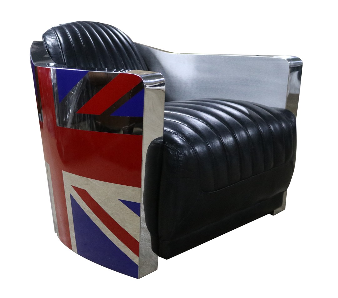Product photograph of Union Jack Aviator Retro Handmade Armchair Distressed Black Real Leather from Chesterfield Sofas