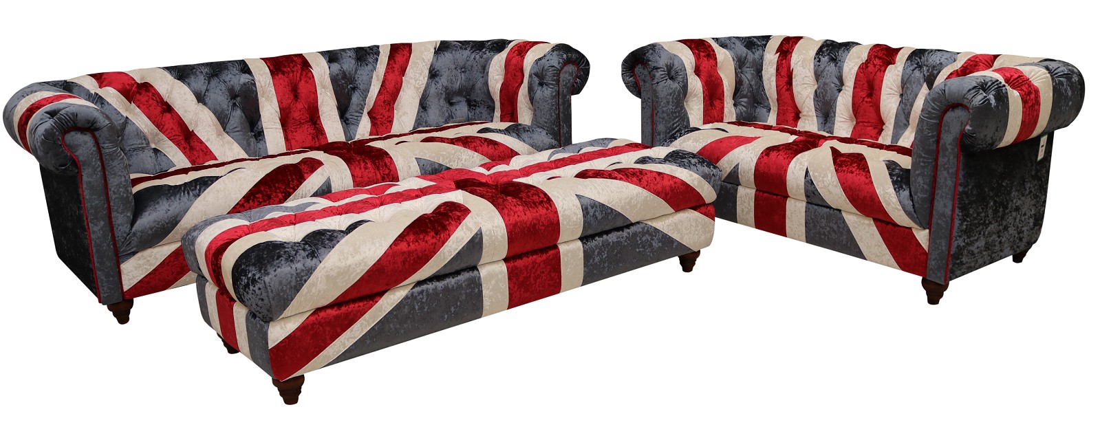 Product photograph of Union Jack Chesterfield 3 2 Footstool Luxury Velvet Sofa Suite from Chesterfield Sofas