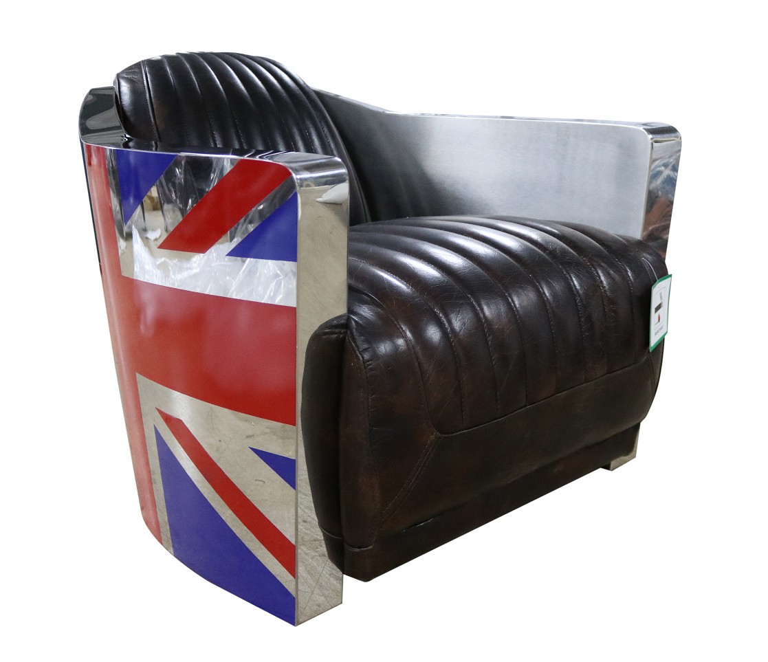 Product photograph of Union Jack Genuine Aviator Retro Armchair Distressed Tobacco Brown Real Leather from Chesterfield Sofas