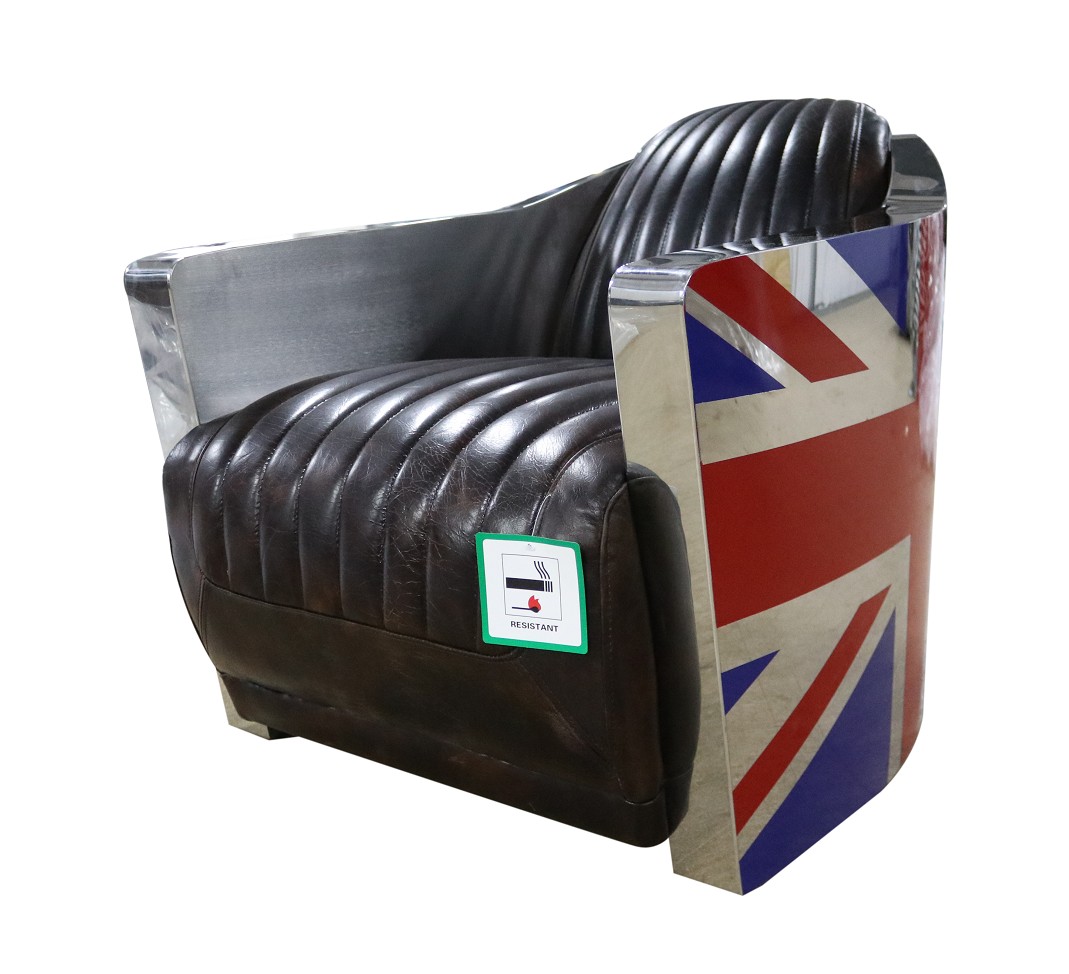 Product photograph of Union Jack Genuine Aviator Retro Armchair Distressed Tobacco Brown Real Leather from Chesterfield Sofas.