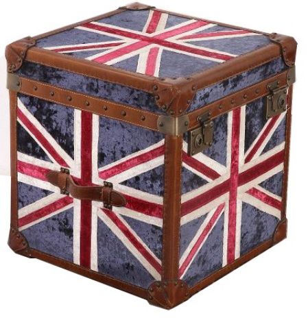 Product photograph of Union Jack Velvet Trunk In Vintage Antique Design With Leather Trim from Chesterfield Sofas