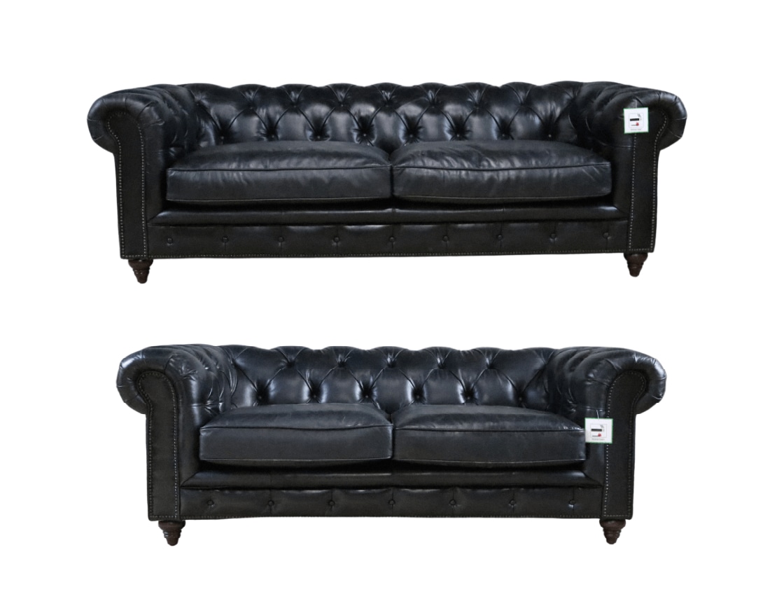 Product photograph of Vintage 3 2 Earle Chesterfield Sofa Suite Distressed Black Real Leather from Chesterfield Sofas