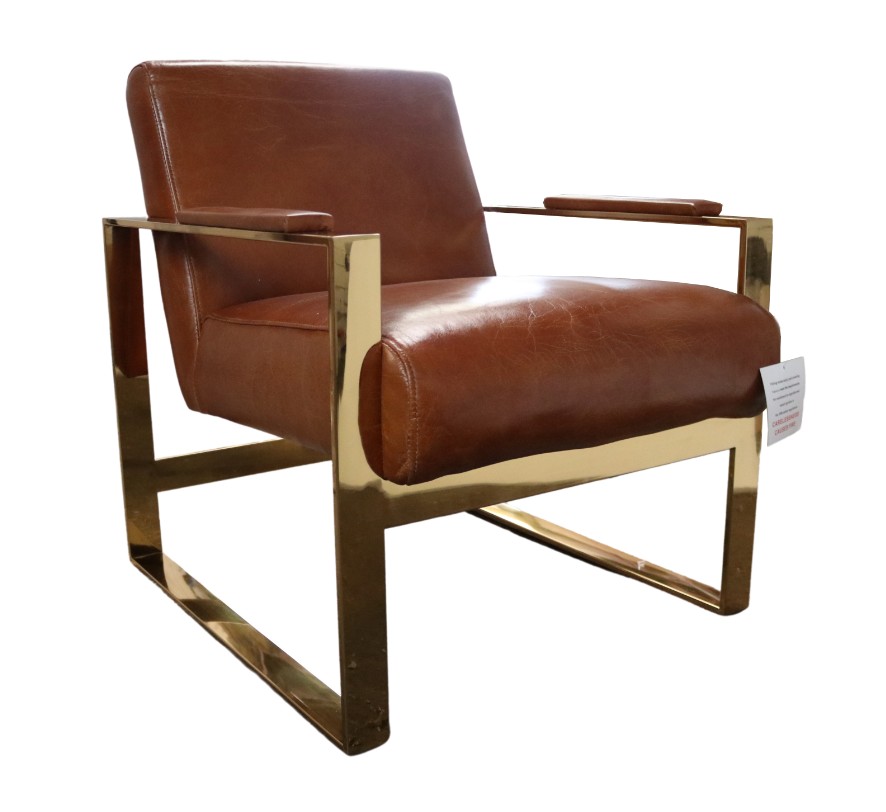 Product photograph of Vintage Armchair Distressed Tan Real Leather And Gold Stainless Steel from Chesterfield Sofas
