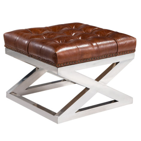 Product photograph of Vintage Buttoned Metal Cross Footstool Ottoman Distressed Brown Real Leather from Chesterfield Sofas