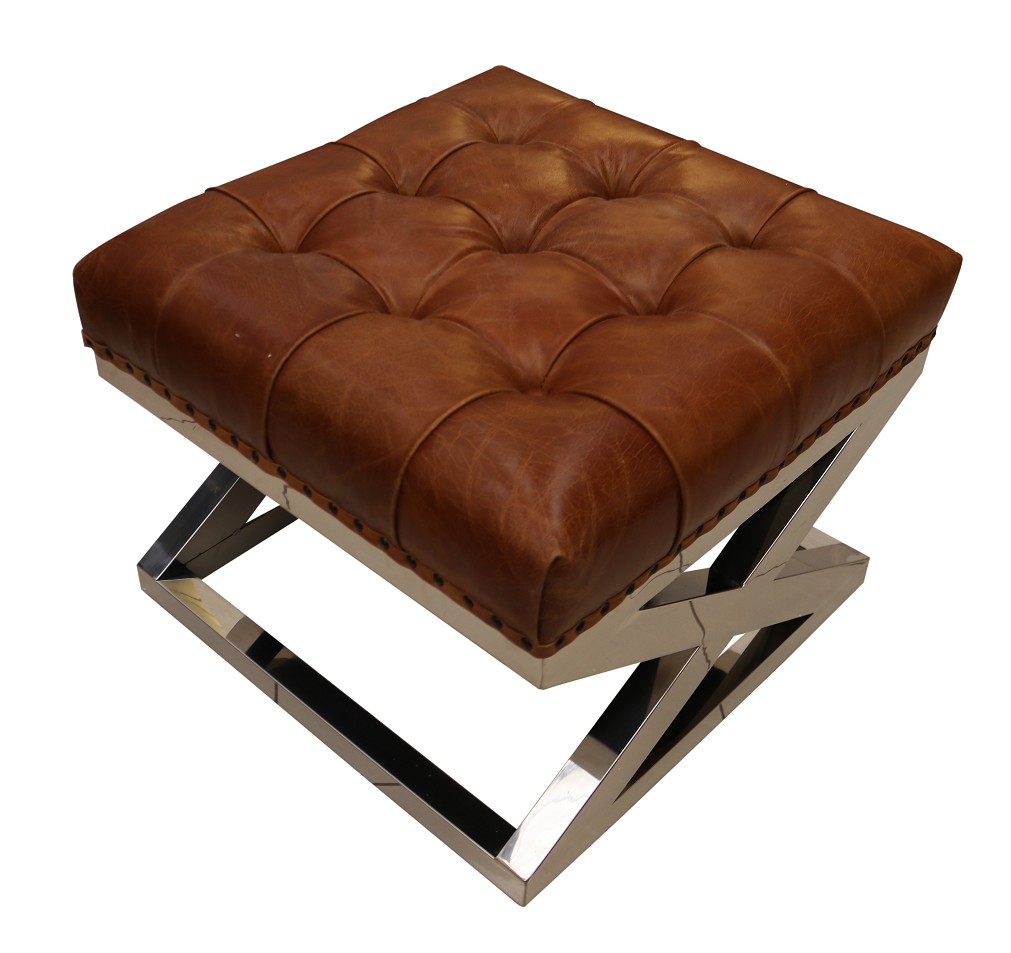 Product photograph of Vintage Buttoned Metal Cross Footstool Ottoman Distressed Tan Real Leather from Chesterfield Sofas