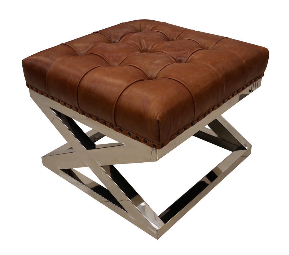 Product photograph of Vintage Buttoned Metal Cross Footstool Ottoman Distressed Tan Real Leather from Chesterfield Sofas.