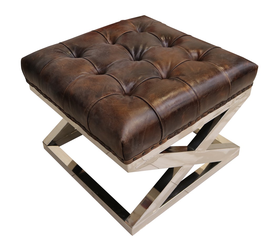 Product photograph of Vintage Buttoned Metal Cross Footstool Ottoman Distressed Tobacco Brown Real Leather from Chesterfield Sofas.