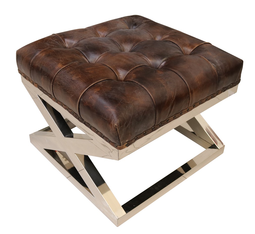 Product photograph of Vintage Buttoned Metal Cross Footstool Ottoman Distressed Tobacco Brown Real Leather from Chesterfield Sofas
