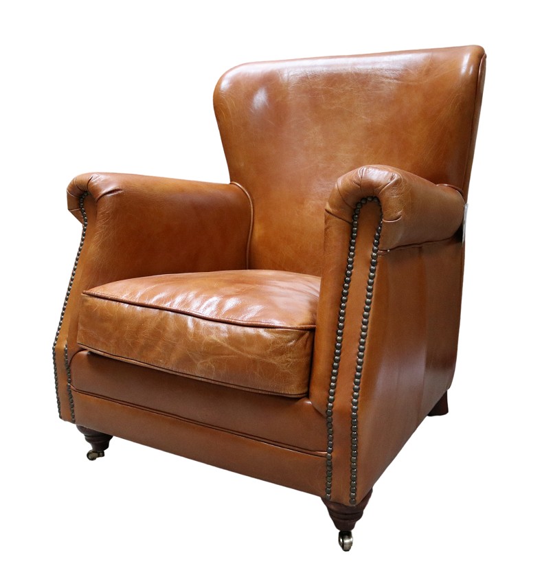 Product photograph of Vintage Custom Made High Back Armchair Distressed Tan Real Leather from Chesterfield Sofas.