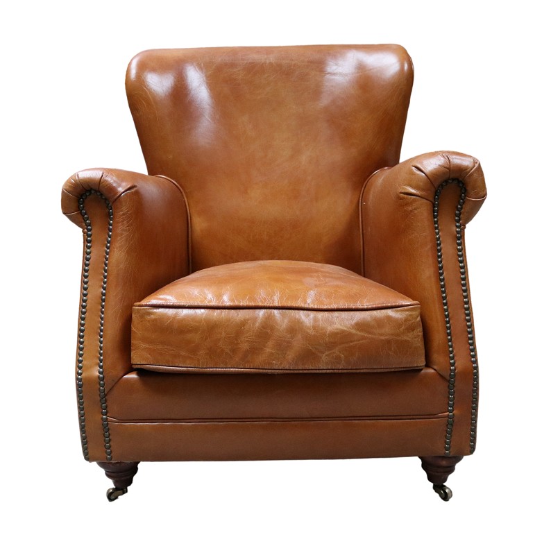 Product photograph of Vintage Custom Made High Back Armchair Distressed Tan Real Leather from Chesterfield Sofas.