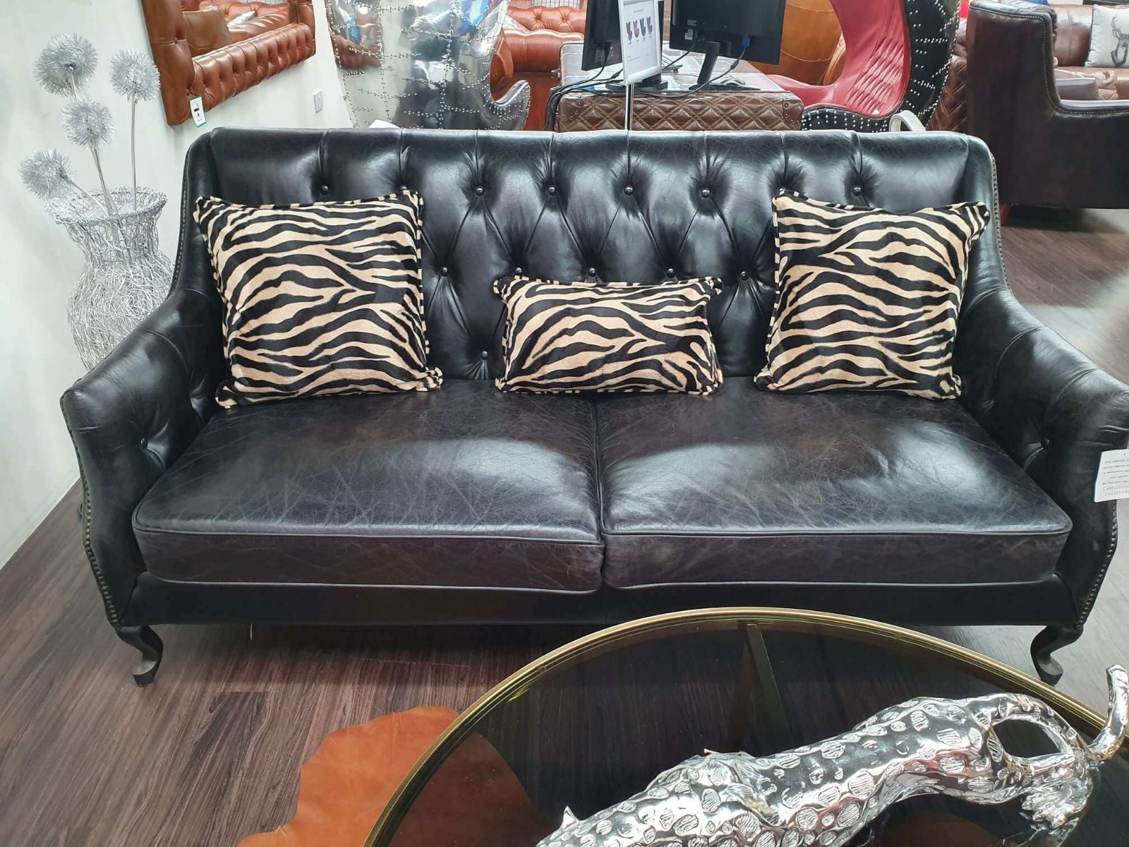 Product photograph of Eton Vintage 3 Seater Distressed Black Real Leather Button Amp Stud Sofa from Chesterfield Sofas.
