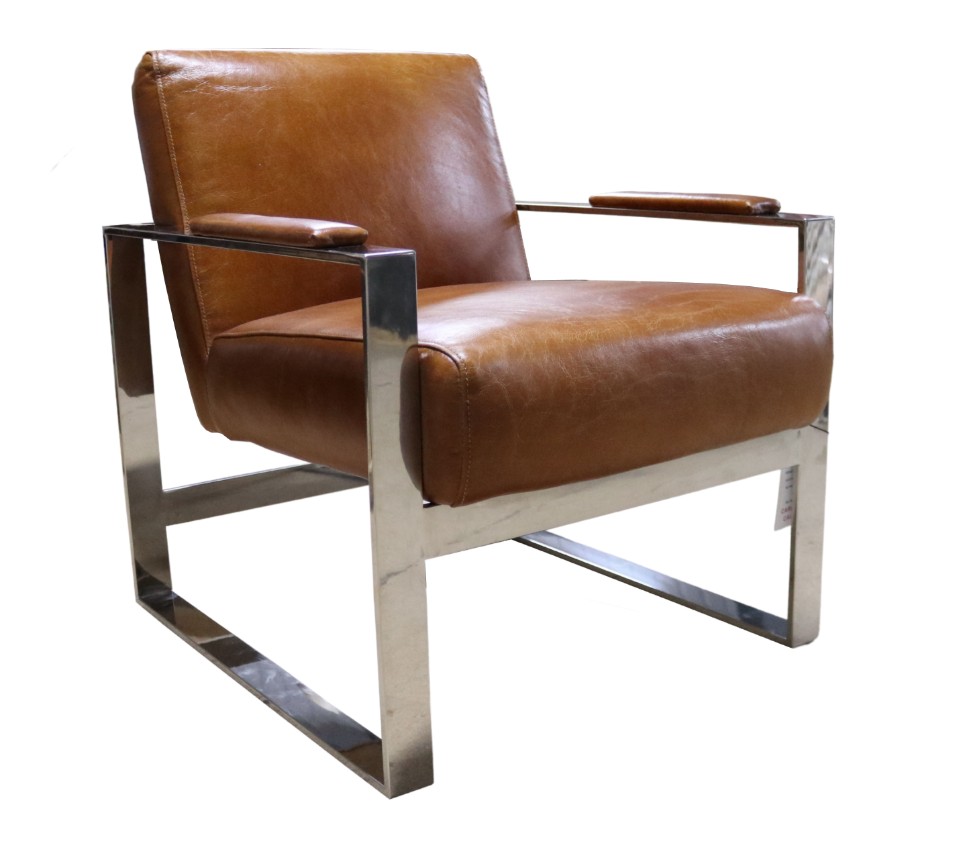 Product photograph of Vintage Distressed Tan Leather And Stainless Steel Armchair In Stock from Chesterfield Sofas
