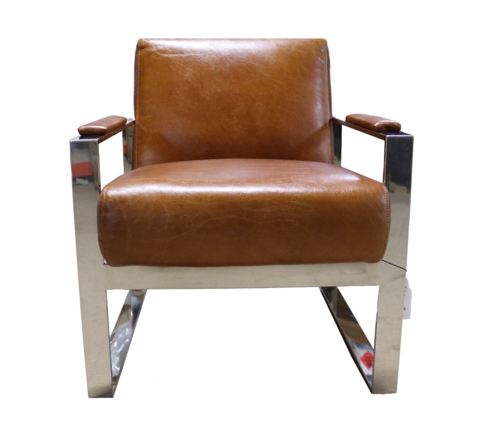 Product photograph of Vintage Distressed Tan Leather And Stainless Steel Armchair In Stock from Chesterfield Sofas.