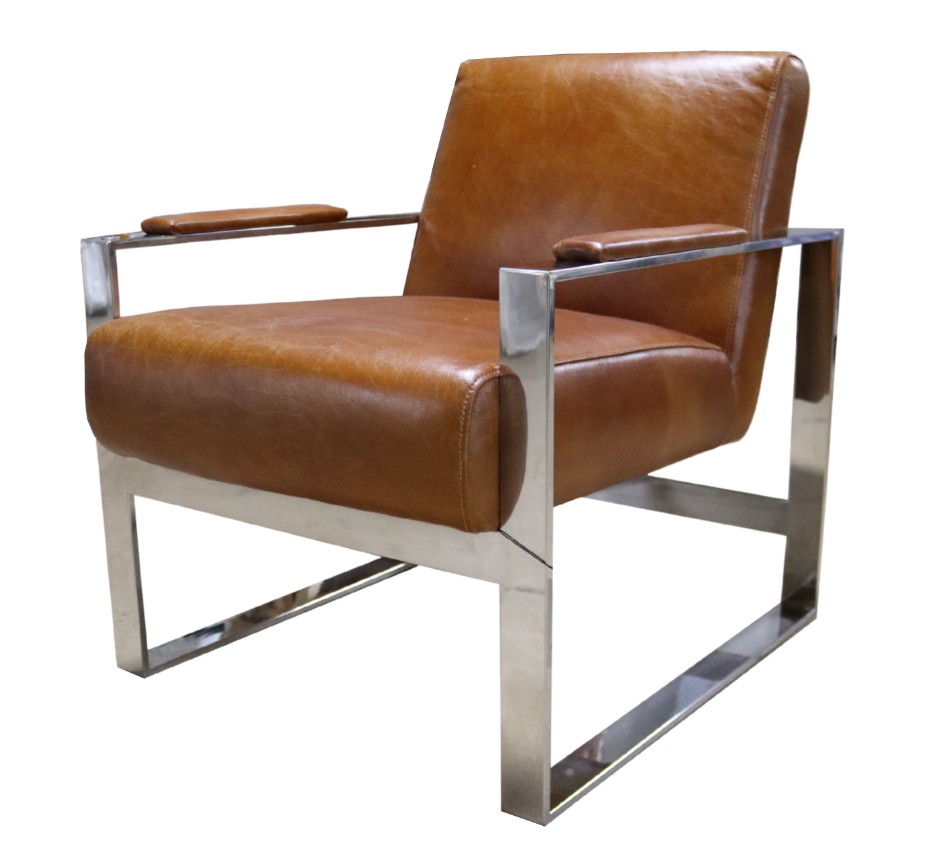 Product photograph of Vintage Distressed Tan Leather And Stainless Steel Armchair In Stock from Chesterfield Sofas.