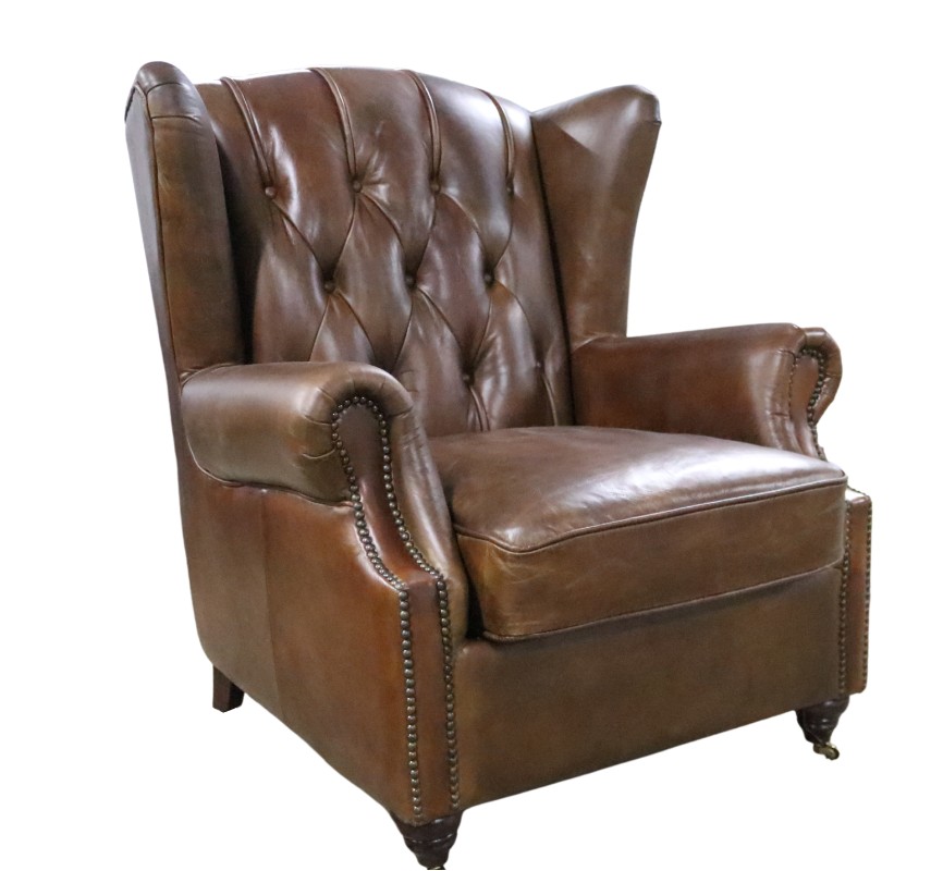 Product photograph of Vintage Genuine Chesterfield Buttoned Wingback Chair Brown Distressed Real Leather In Stock from Chesterfield Sofas
