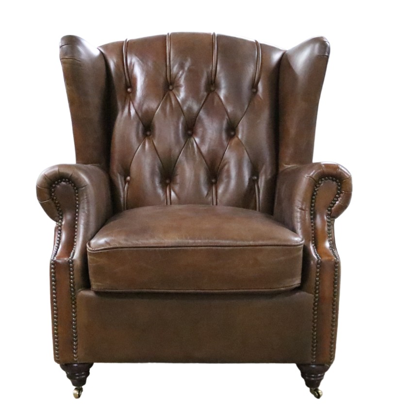 Product photograph of Vintage Genuine Chesterfield Buttoned Wingback Chair Brown Distressed Real Leather from Chesterfield Sofas.
