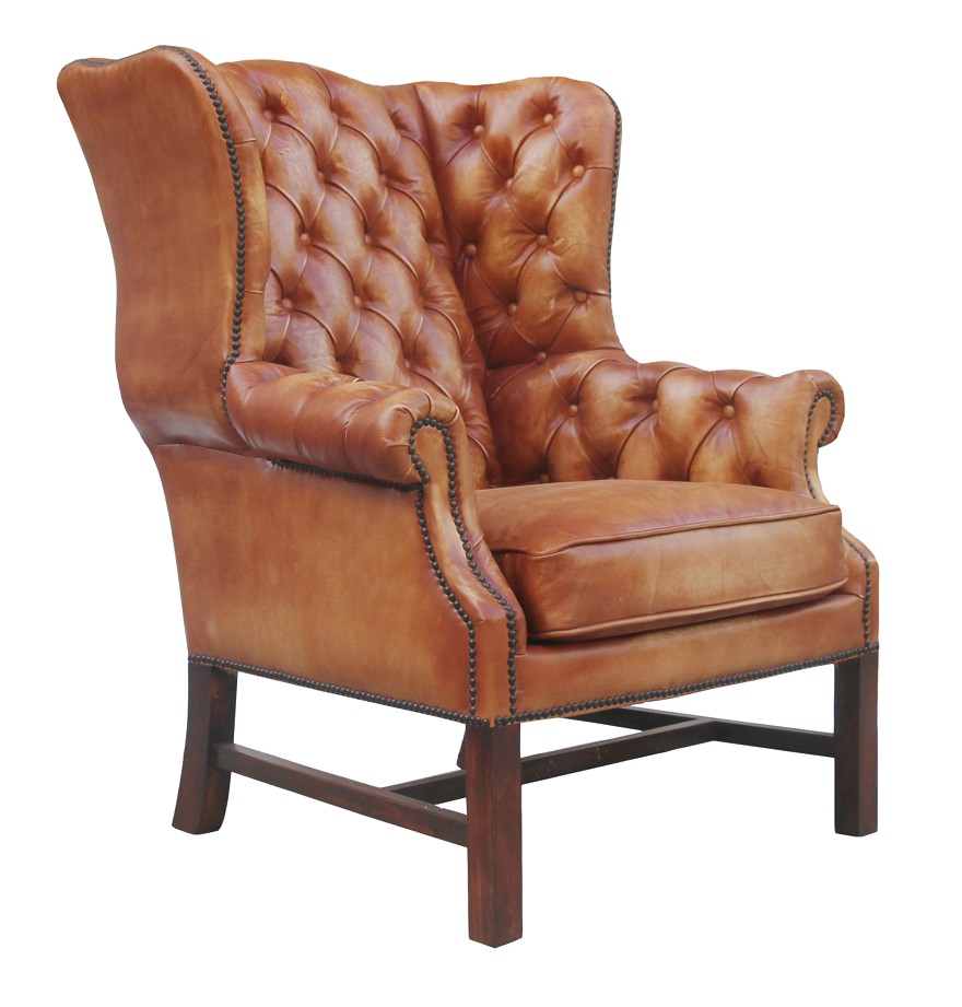 Product photograph of Vintage Handmade Buttoned Wing Chair Distressed Tan Real Leather from Chesterfield Sofas